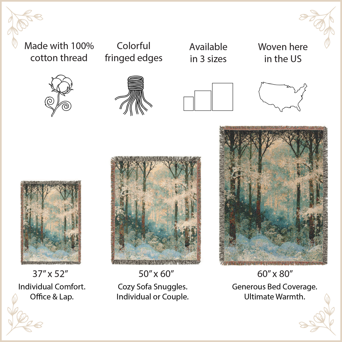 A product information graphic for a forest-themed woven throw blanket. The image shows three size options: 37" x 52", 50" x 60", and 60" x 80", with text describing features like 100% cotton thread, fringed edges, and availability in 3 sizes.