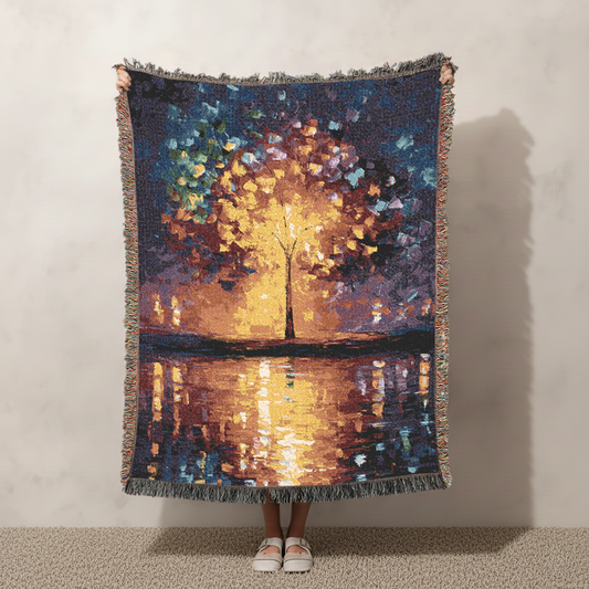 Abstract Tree Woven Blanket, Impressionist Art Tapestry, Tree of Life Jacquard Blanket, Colorful Glowing Tree Throw, Landscape Wall Hanging
