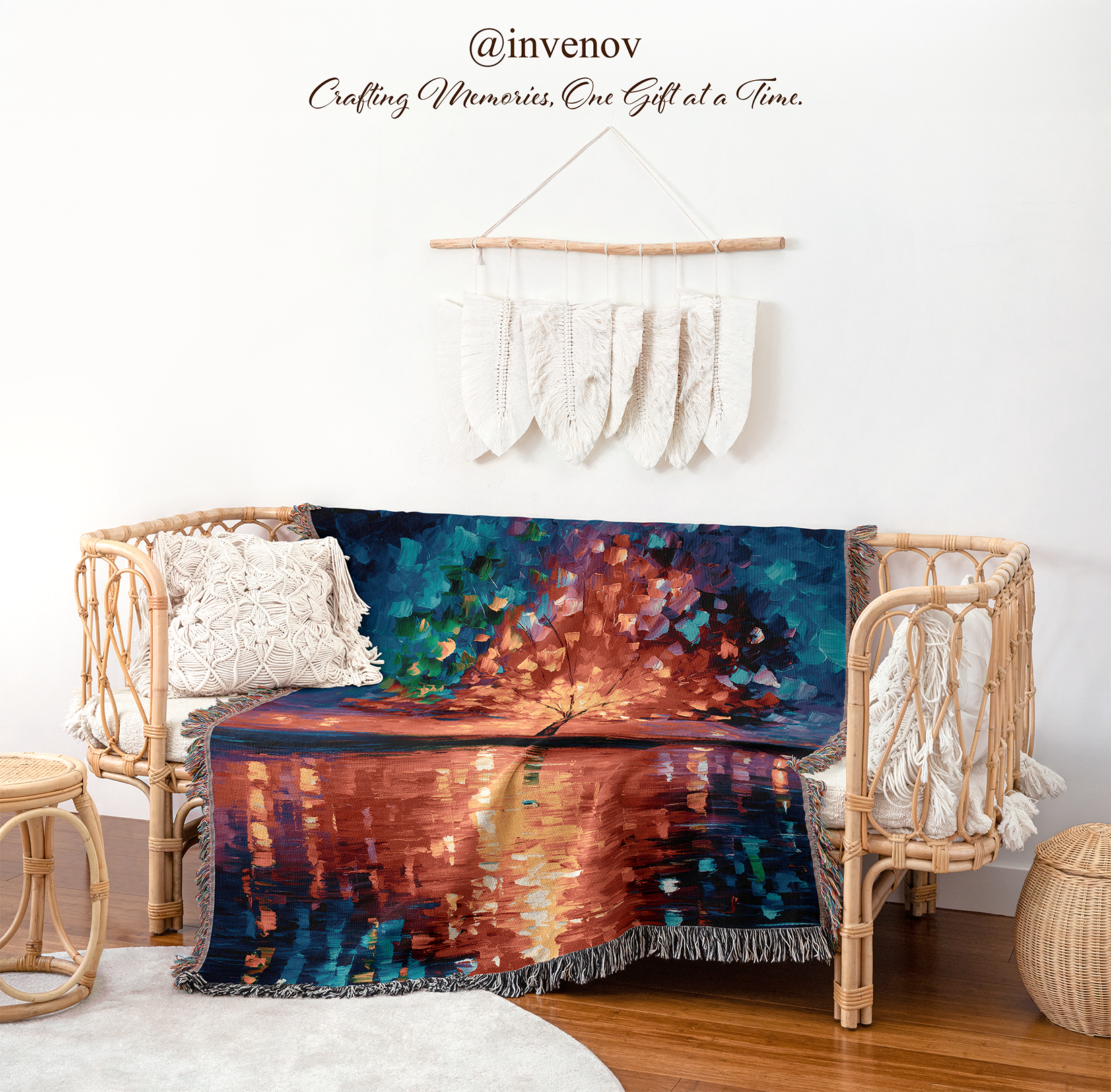 Colorful tree-themed blanket draped over a wicker chair 