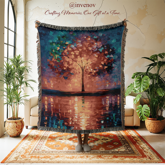 Decorative blanket with tree design in a room with plants and furniture.