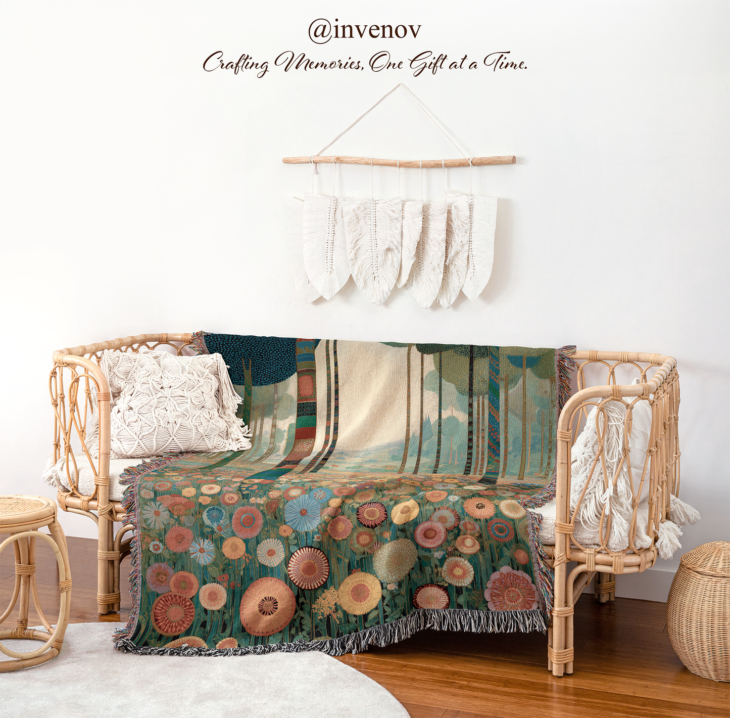 Decorative blanket with floral pattern draped over a wicker chair