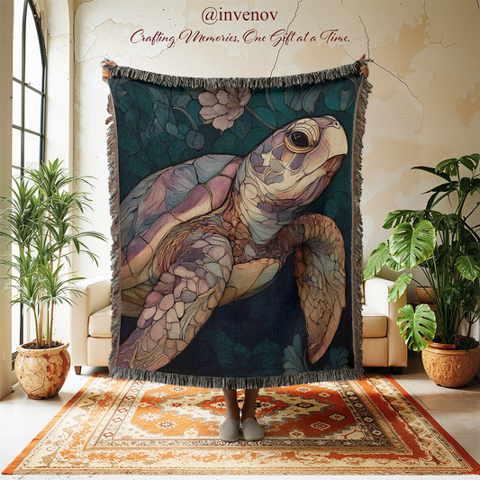 Decorative blanket with a turtle design in a room
