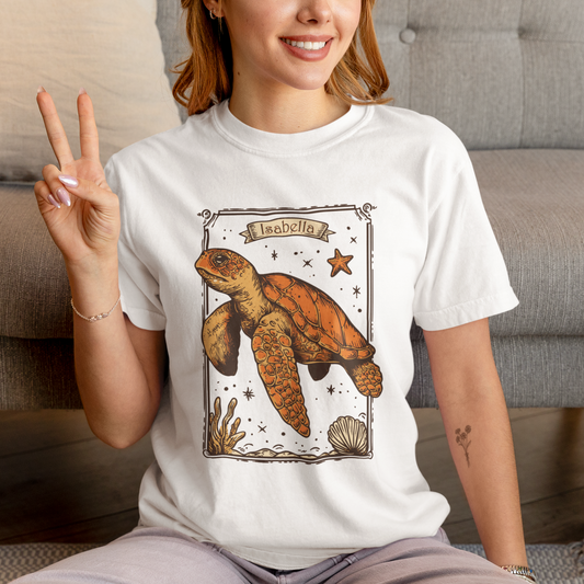 Comfort Colors Sea Turtle T-shirt, Personalized Ocean Lover Tee, Vintage Style Sea Animal Custom Name Graphic Tee, Coral Reef Beach Shirt