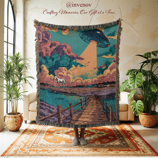Decorative tapestry with a UFO and horse design in a room with plants and furniture.
