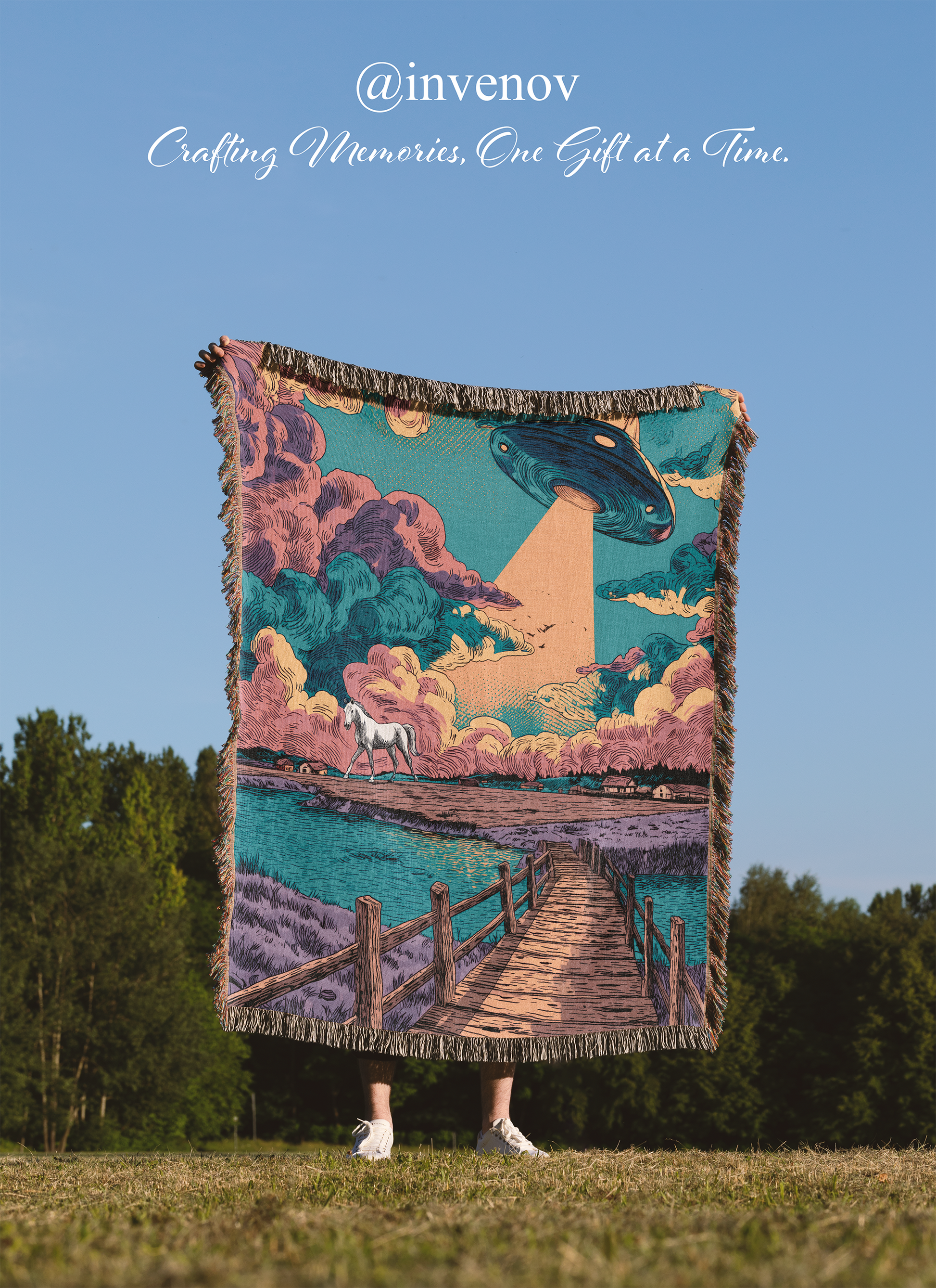 Person holding a colorful tapestry with UFO design against a blue sky.