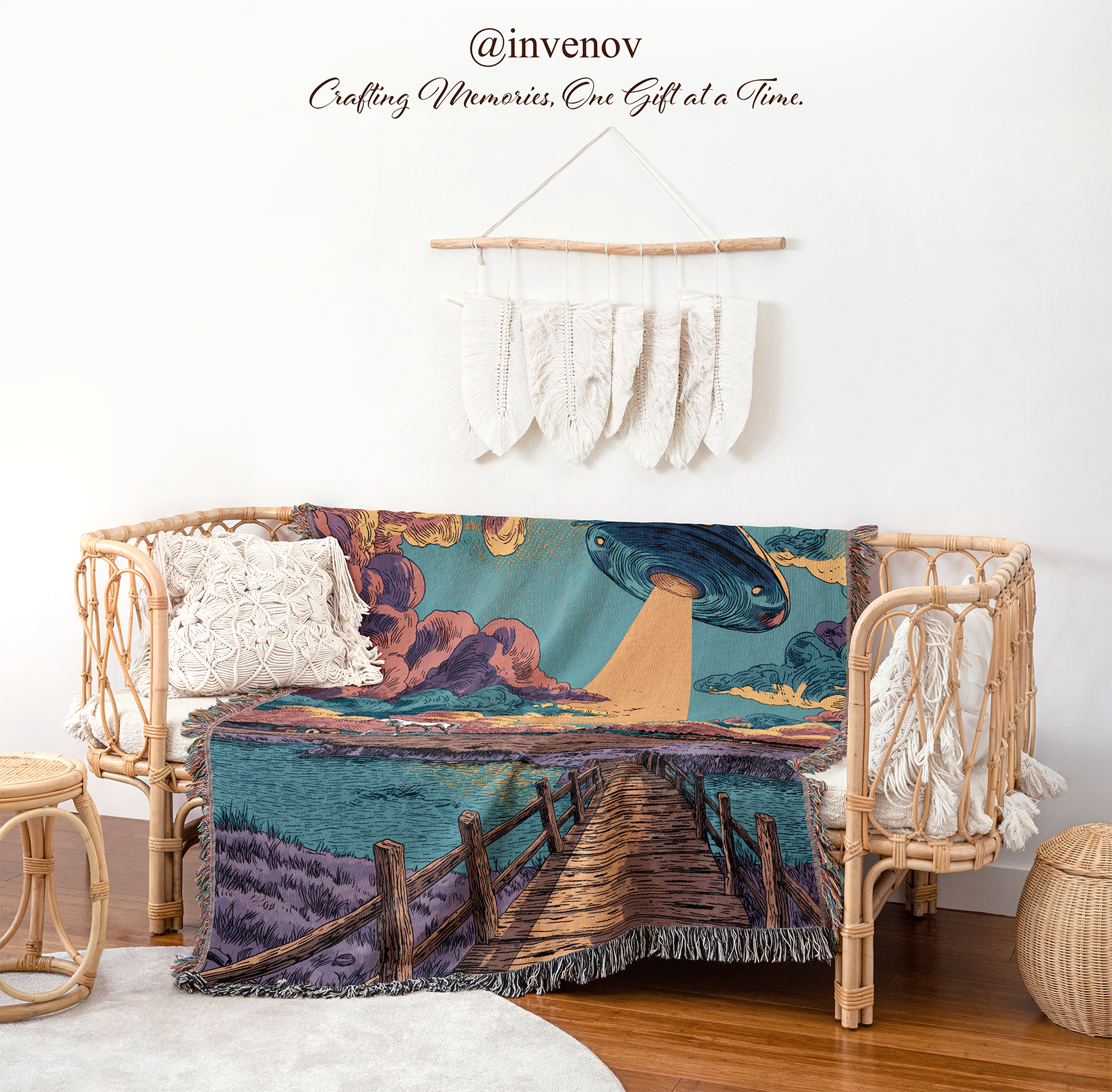 Decorative blanket with a bridge and mushroom design draped over a wicker chair
