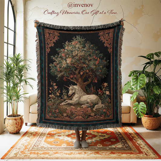 Decorative tapestry with unicorn design hanging on a wall in a room with plants and furniture.