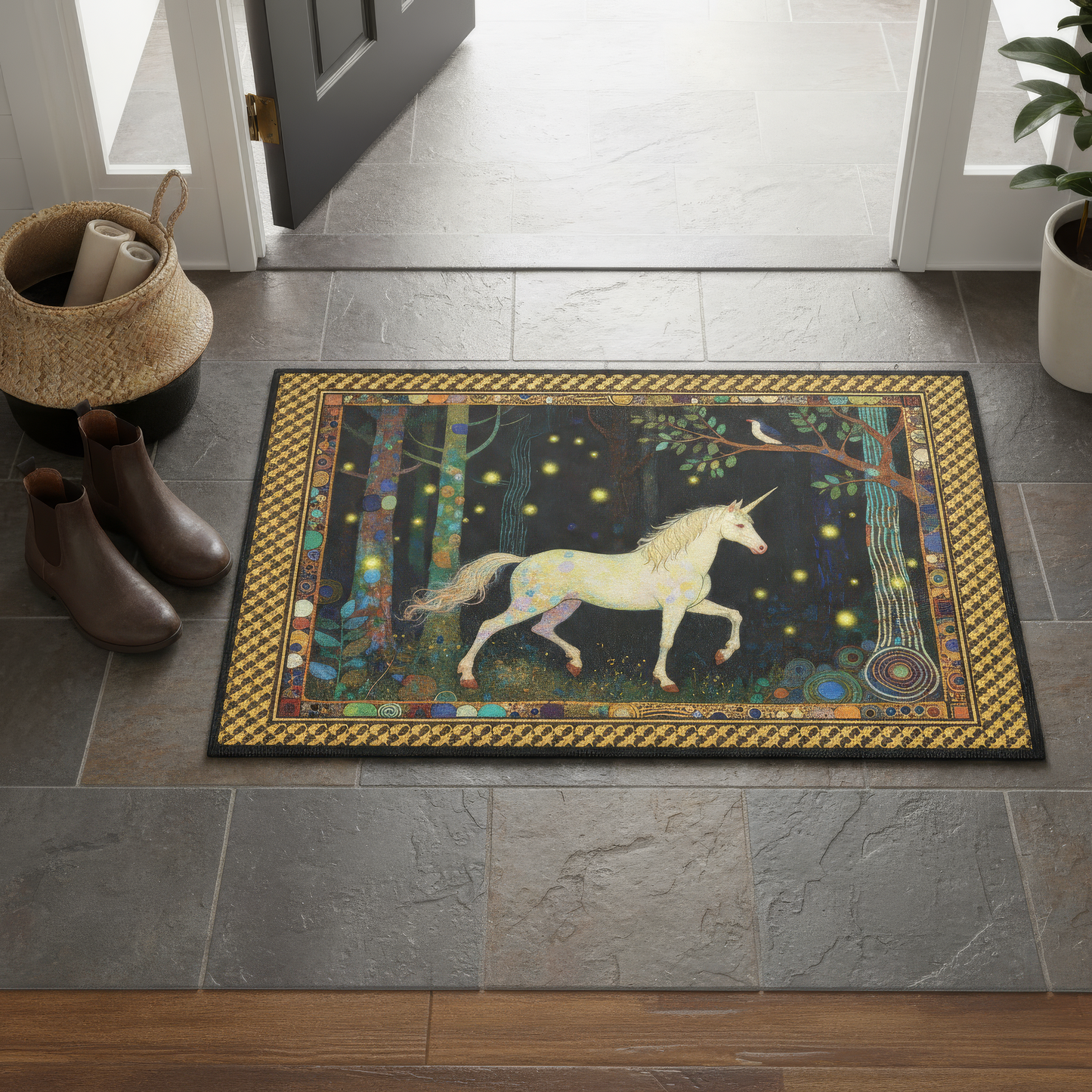 Decorative doormat with unicorn design on a tiled floor