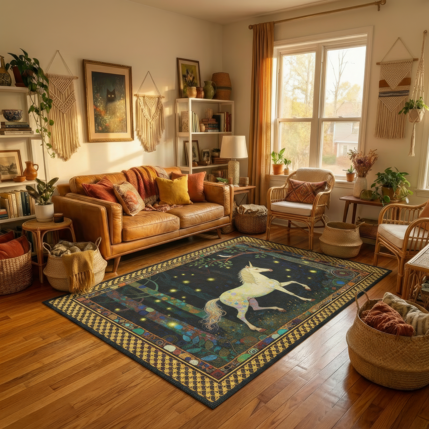 Cozy living room with a unicorn rug, brown leather sofa, and decorative items.