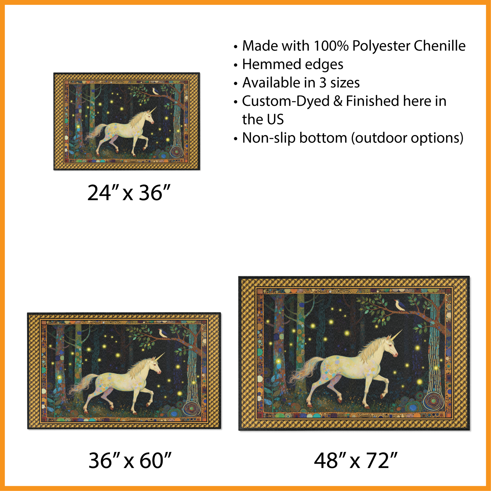 Unicorn-themed rugs with sizes 24" x 36", 36" x 60", and 48" x 72" displayed on a white background.