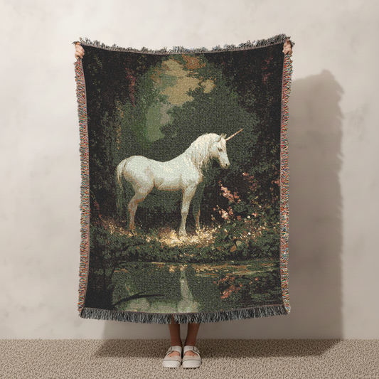 Unicorn Woven Blanket, Vintage Style Forest Tapestry, Dark Cottagecore Jacquard Throw, Magical Fairytale Decor, Mythical Animal Wall Hanging