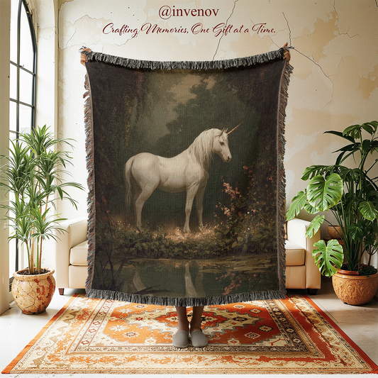 Unicorn tapestry in a room with plants and furniture.