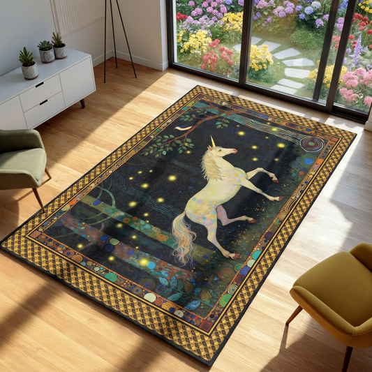 Decorative rug with a unicorn design on a wooden floor in a room with a garden view.
