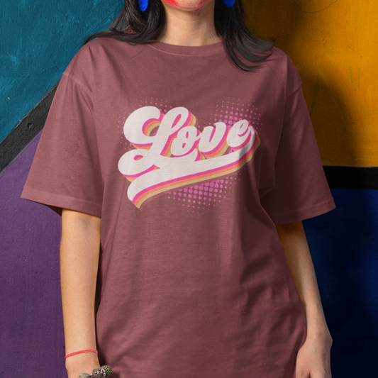 Comfort Colors Retro Love Valentine's Day Shirt, Bold Stylish 3D Cursive Design, Pink Cream Brown Vintage Style Pop-Art Shirt, Gift for Her