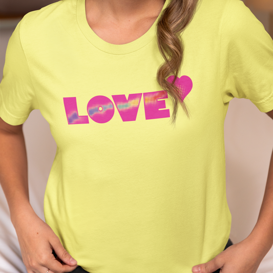 Valentines Love Shirt, Love Retro Pop-Art Unisex Tee, Bold Uppercase Letters, Hot Pink, Halftone Gradient Effect, Minimalistic Design