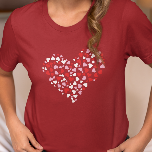 Heart-shaped Love T-Shirt, Valentine's Day Tee, Anniversary Top, Red Pink White Shirt, Valentines Day Shirt, Unisex Jersey Short Sleeve Tee