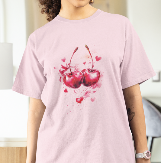 Valentine's Day Cherries Tee, Love Heart Graphic Shirt, Romantic Cotton T-Shirt, Red Pink Sweethearts Top, Gift for Him Her