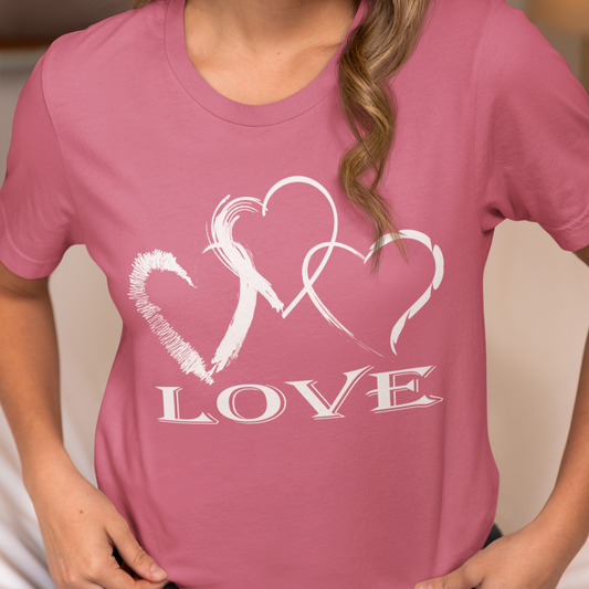 Hearts and Love Unisex Tee Shirt, Valentines Day Gift, Graphic Tshirt, Brush Stroke Style, White Color, Romance Apparel