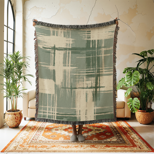 Wabi-Sabi Woven Blanket, Sage Green Japanese Art Tapestry, Modern Art Wall Hanging, Minimalist Japan Style Jacquard Throw, Eclectic Decor
