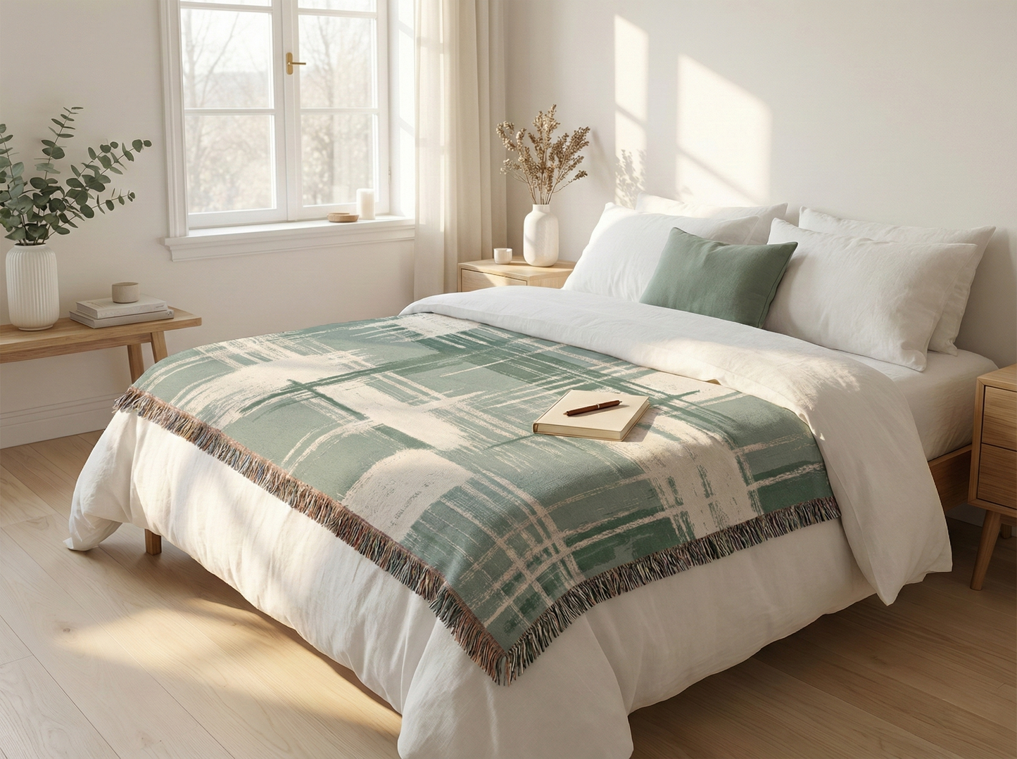 Wabi-Sabi Woven Blanket, Sage Green Japanese Art Tapestry, Modern Art Wall Hanging, Minimalist Japan Style Jacquard Throw, Eclectic Decor