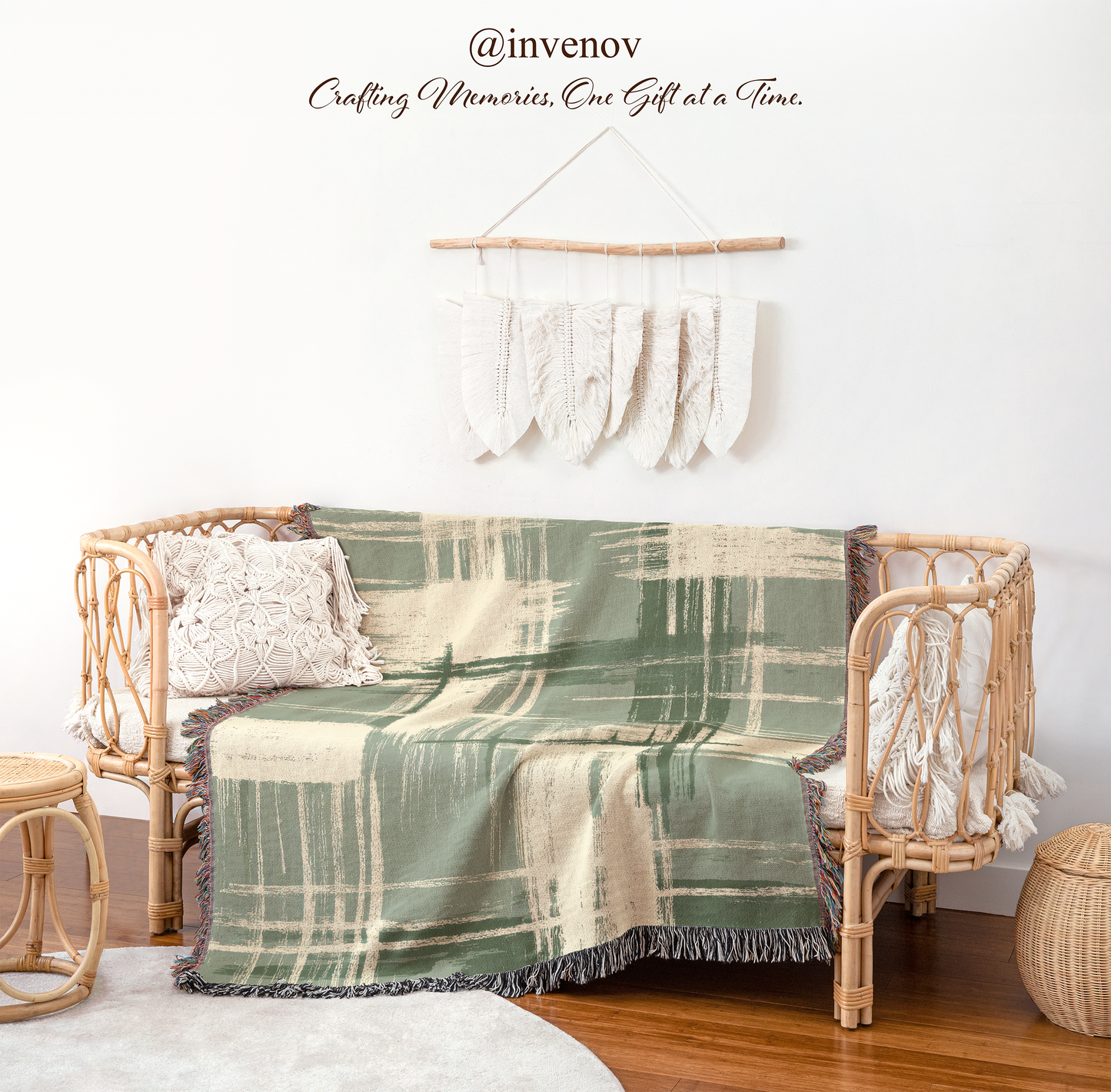 Green plaid blanket draped over a wicker chair