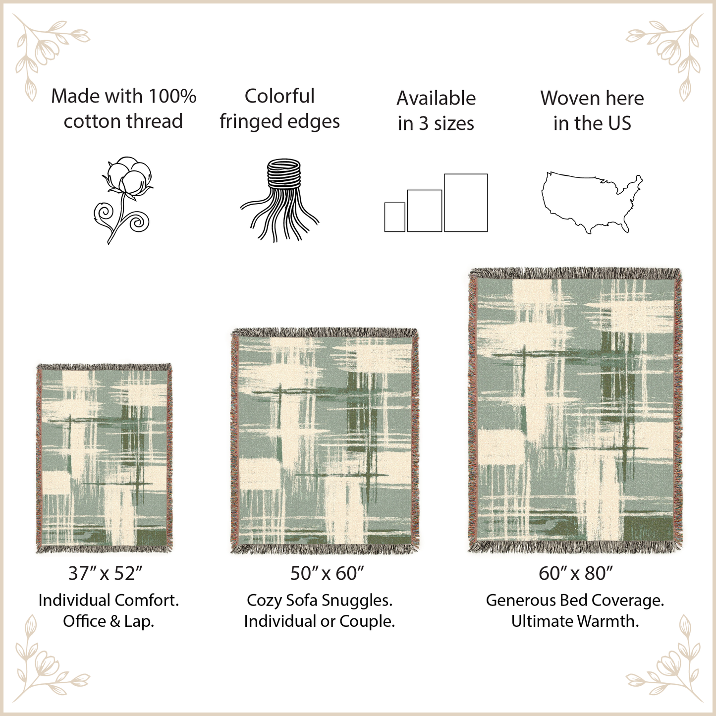 Product description of woven blankets with size options and features.