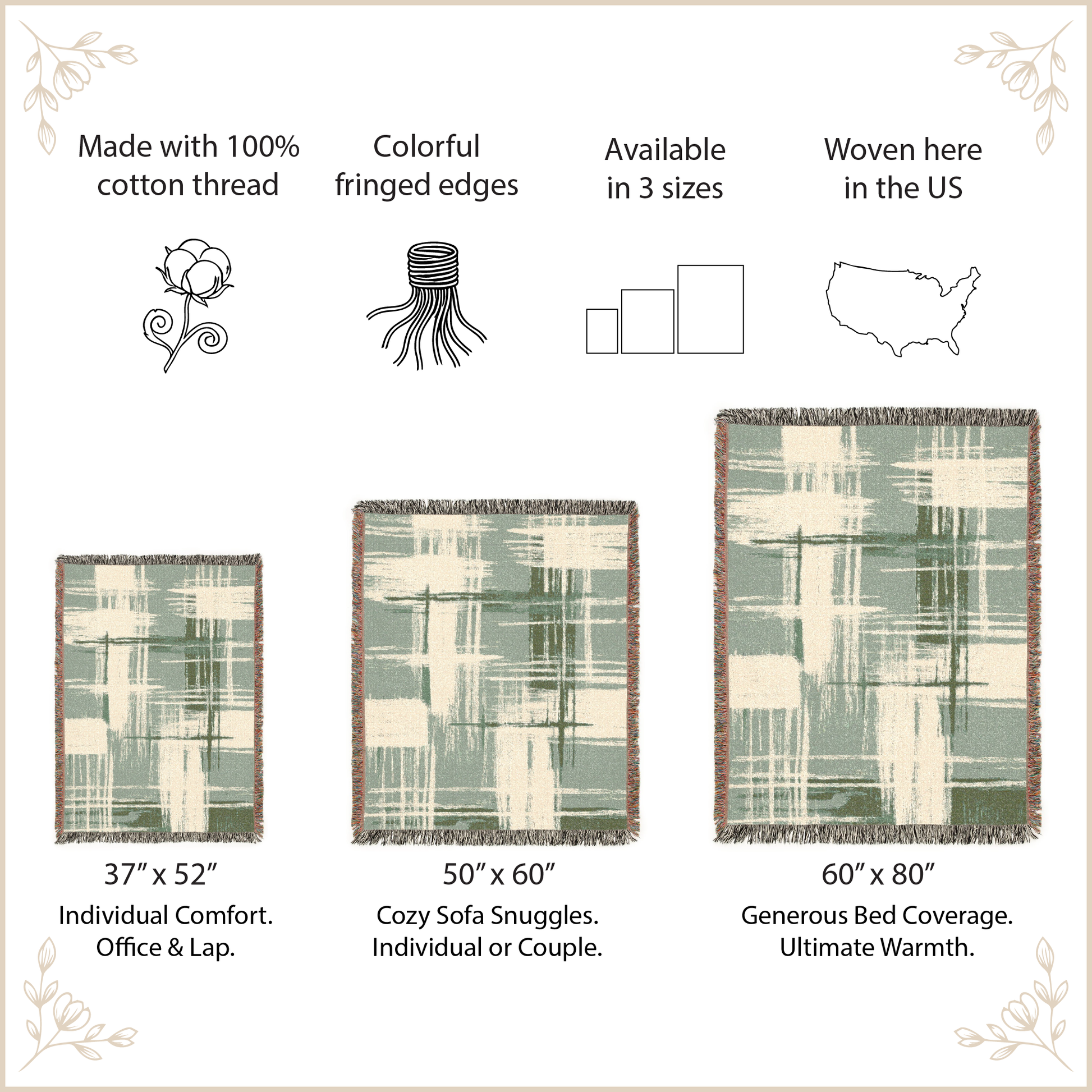 Product description of woven blankets with size options and features.
