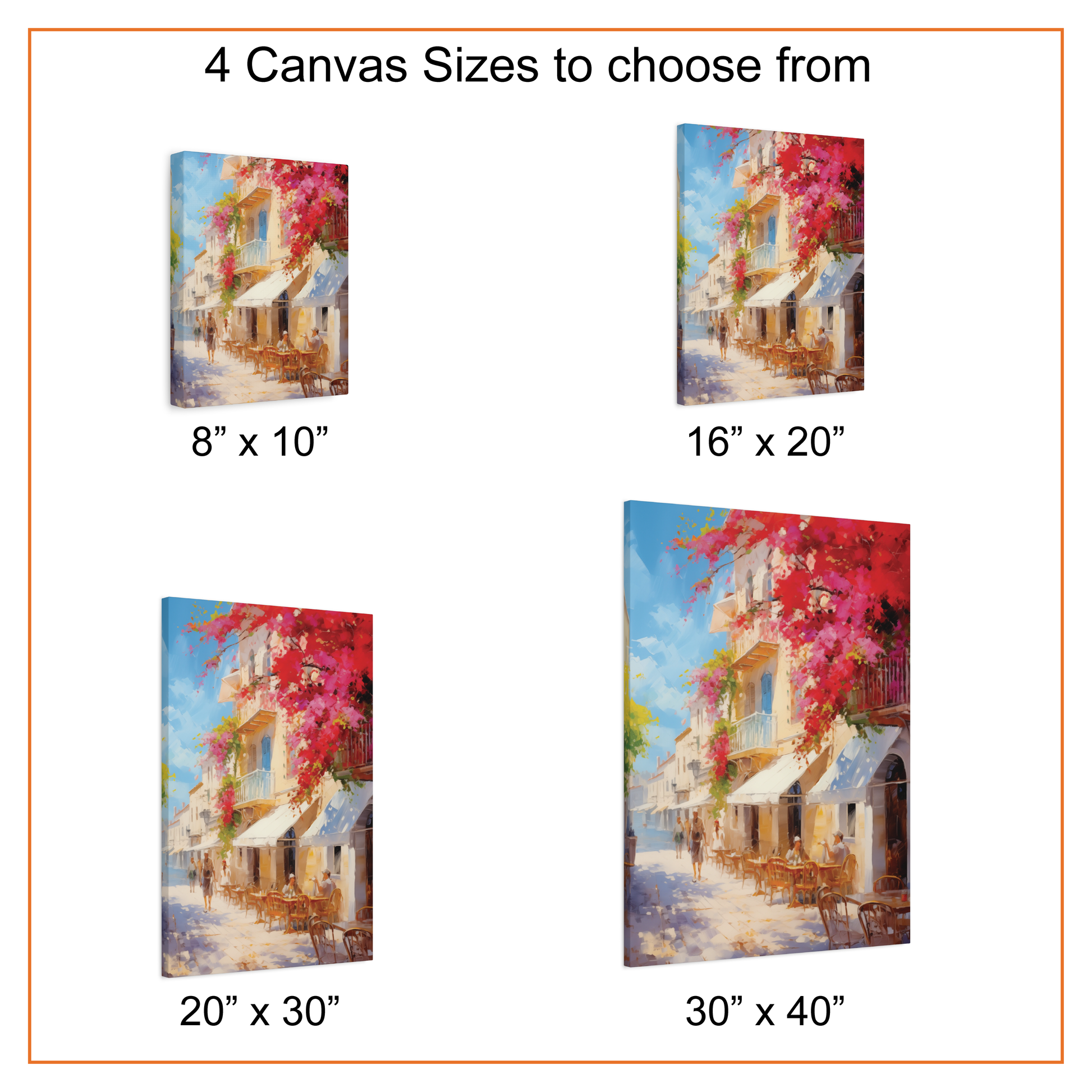 Canvas prints of a colorful outdoor scene with building and flowers, displayed in various sizes.