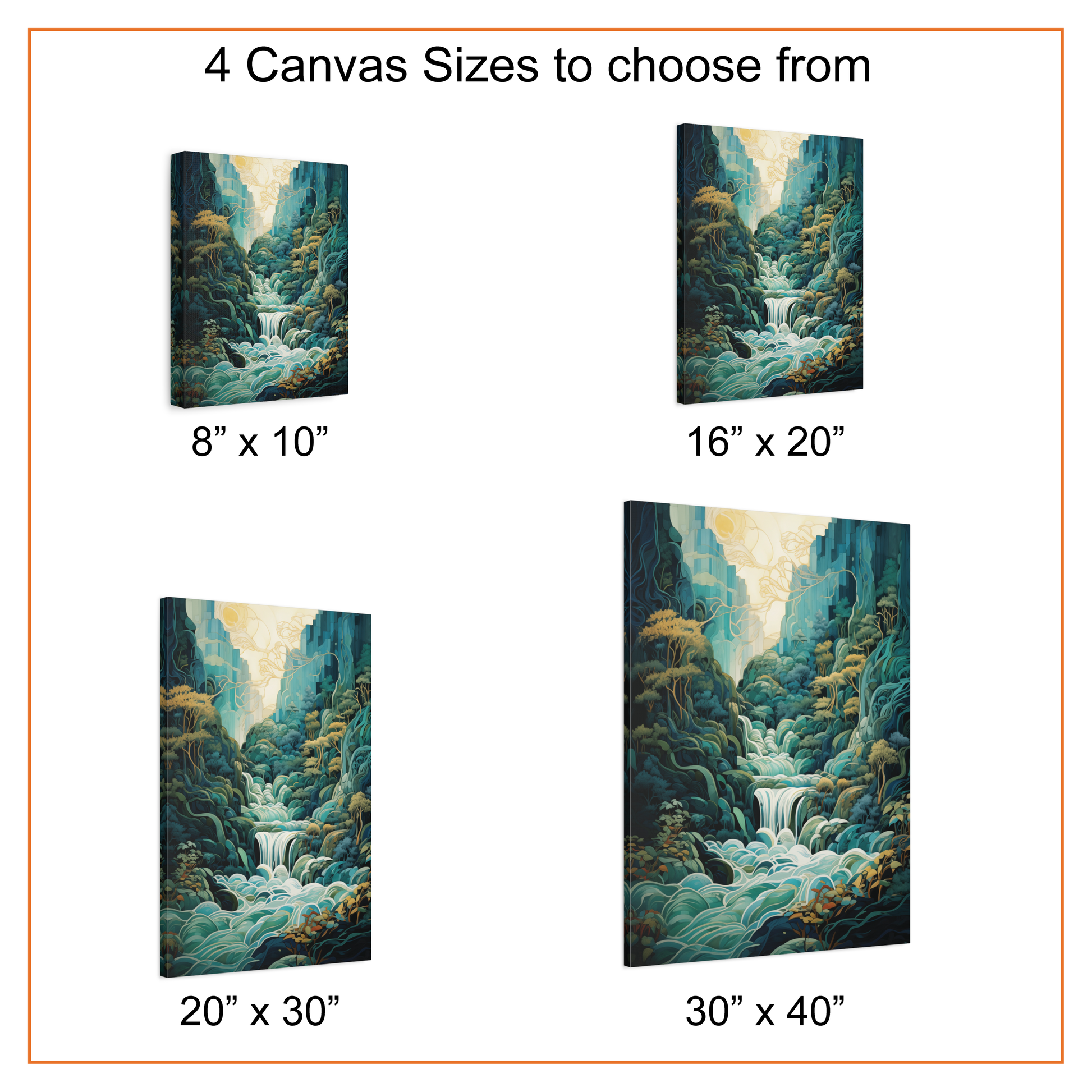 Canvas prints of a mountain landscape with different sizes displayed.