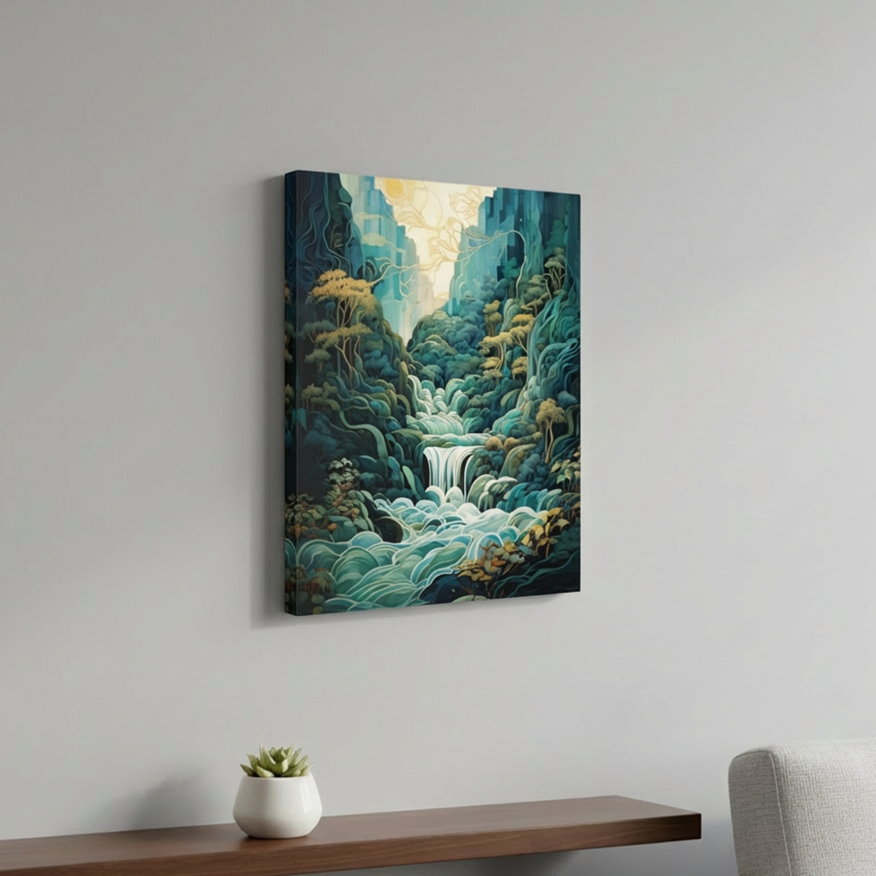 Canvas print of a forest scene hanging on a wall above a wooden shelf with a plant and chair.