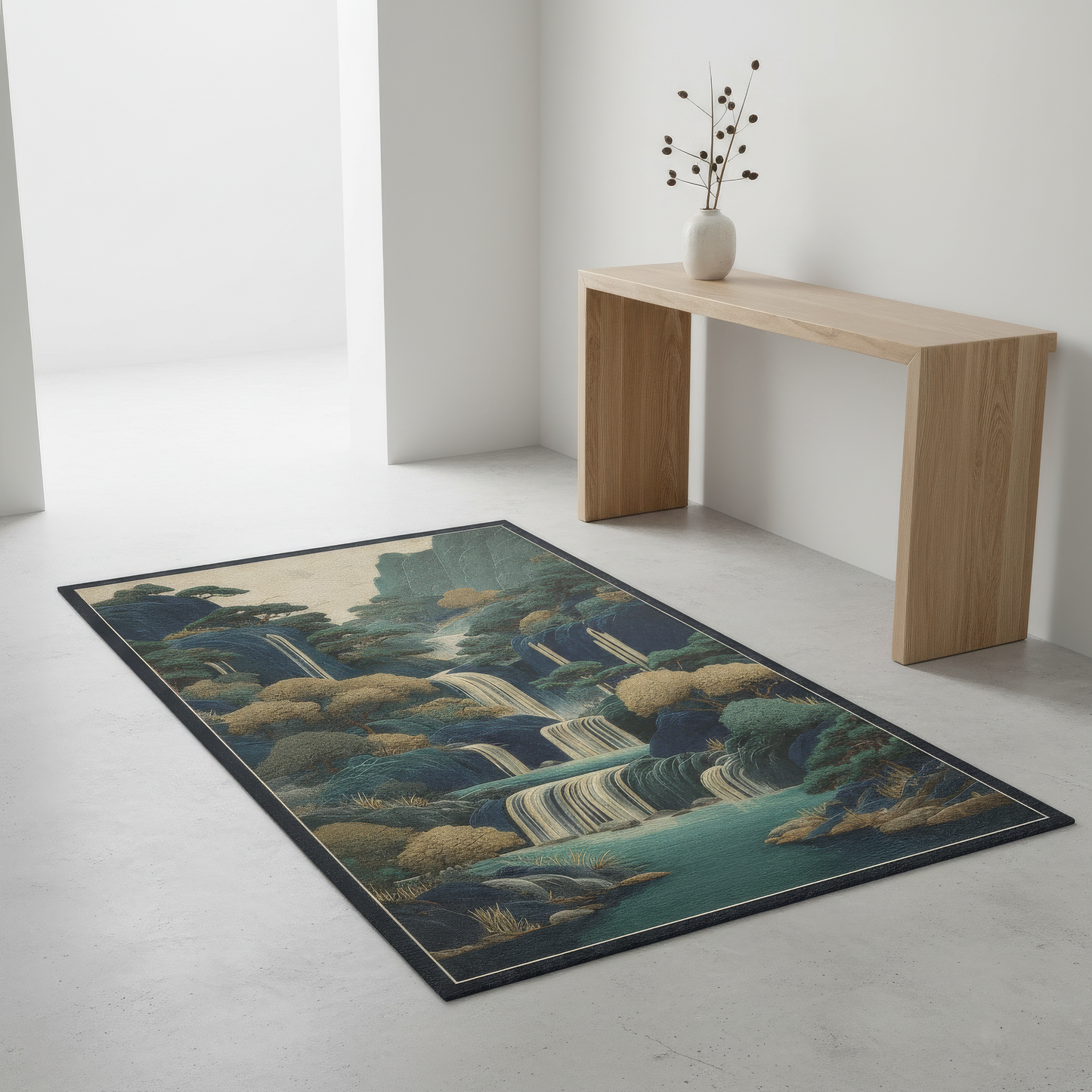 Decorative rug with nature design on a light gray floor, next to a wooden console table.