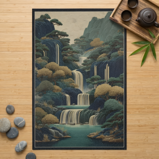 Area Rug of a lush landscape with waterfalls on a wooden surface.