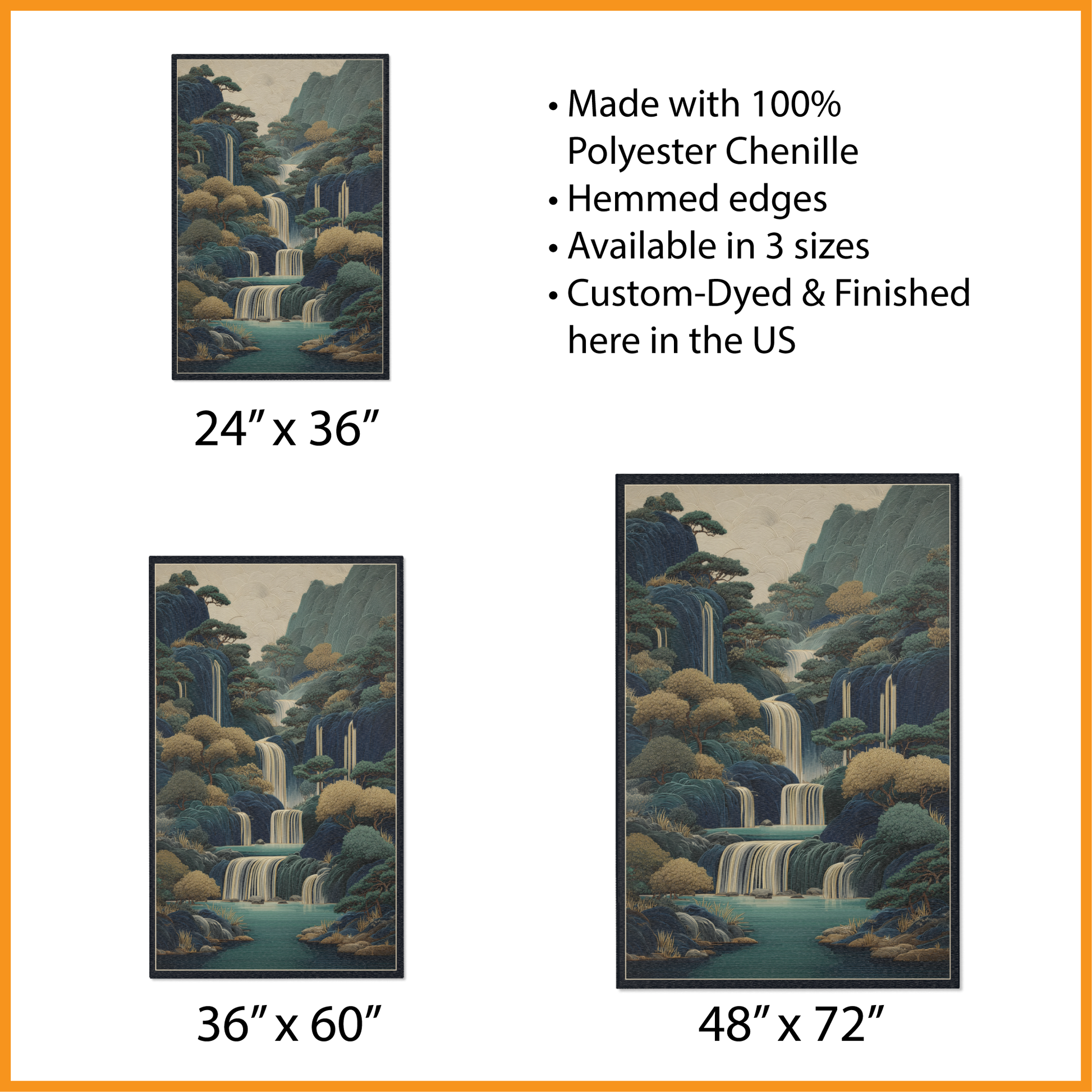 Area Rug of a landscape with waterfalls and mountains, displayed in various sizes.