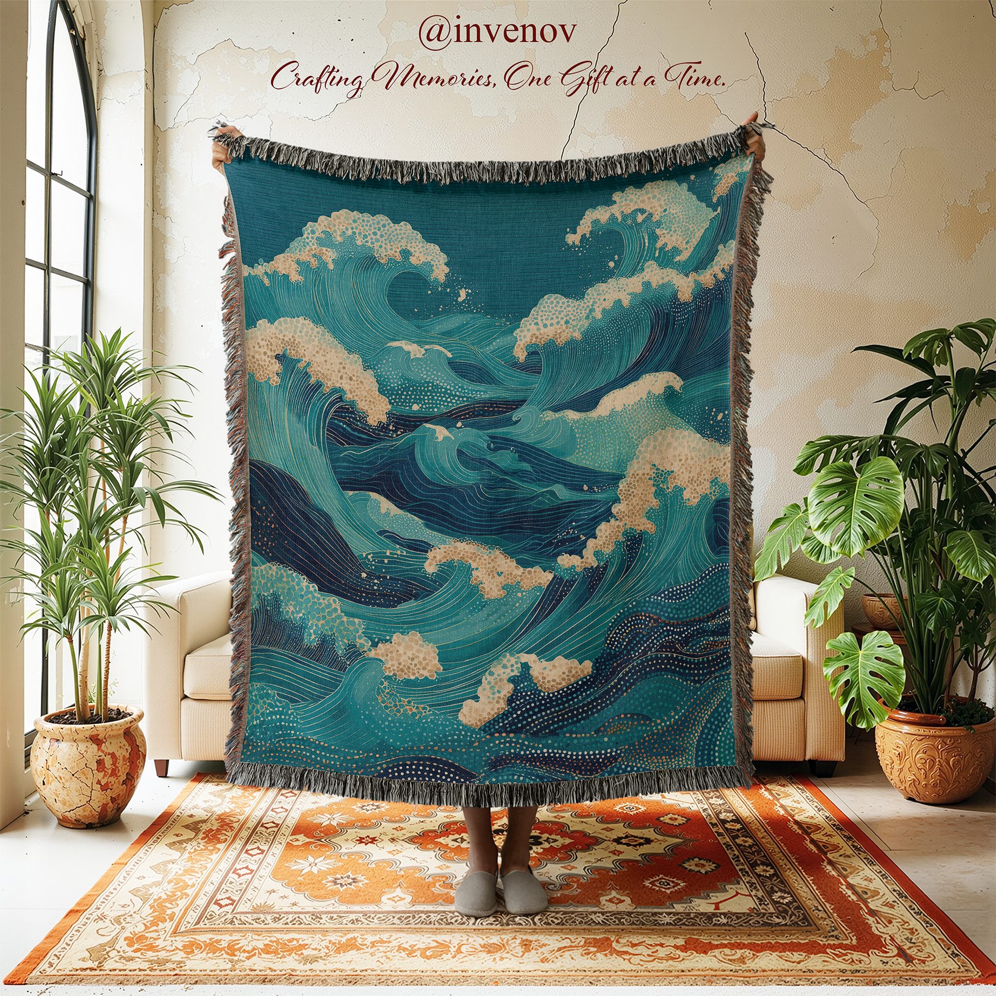 Decorative wave-patterned throw blanket displayed in a room with plants and furniture.