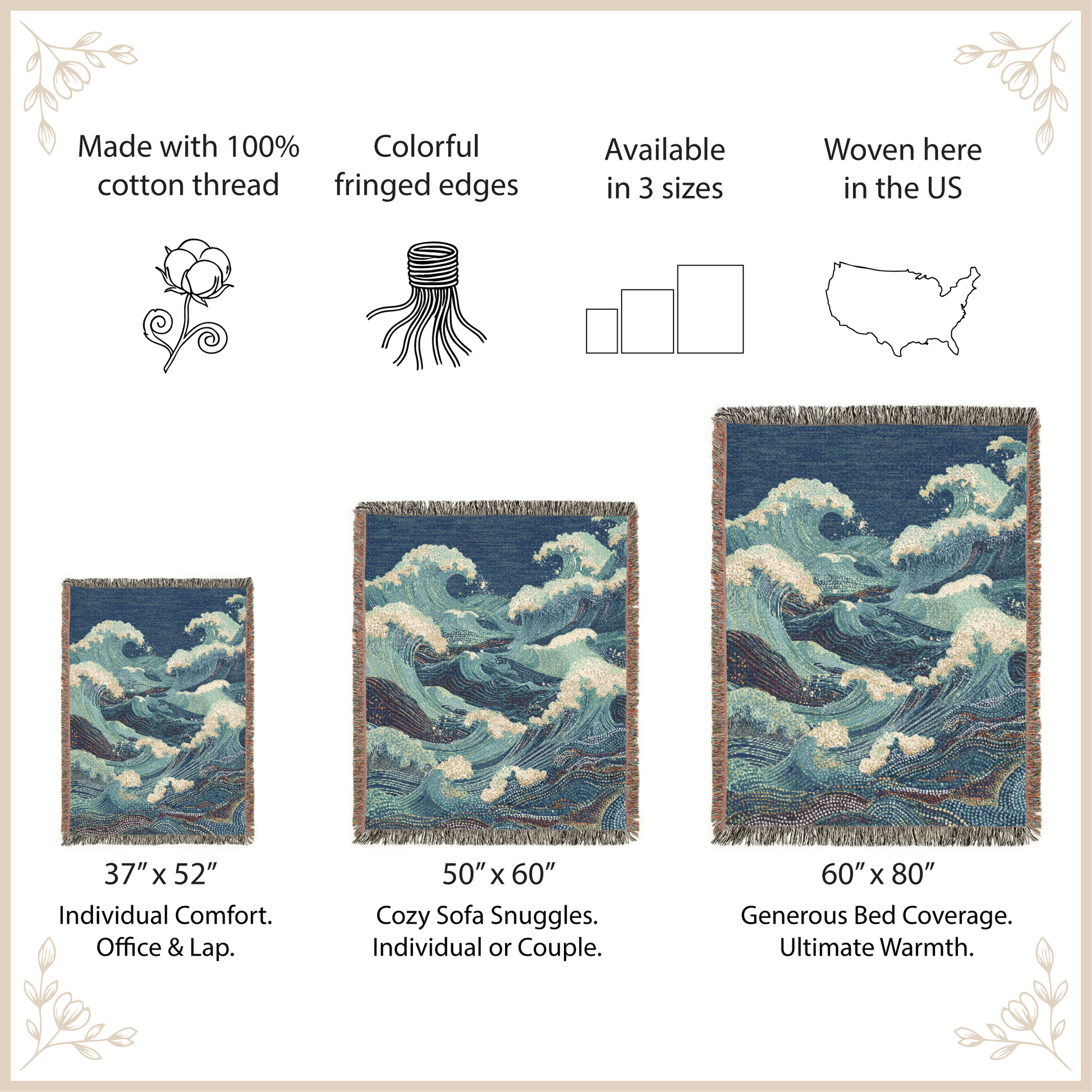Woven blanket with wave design, size options, and features listed.