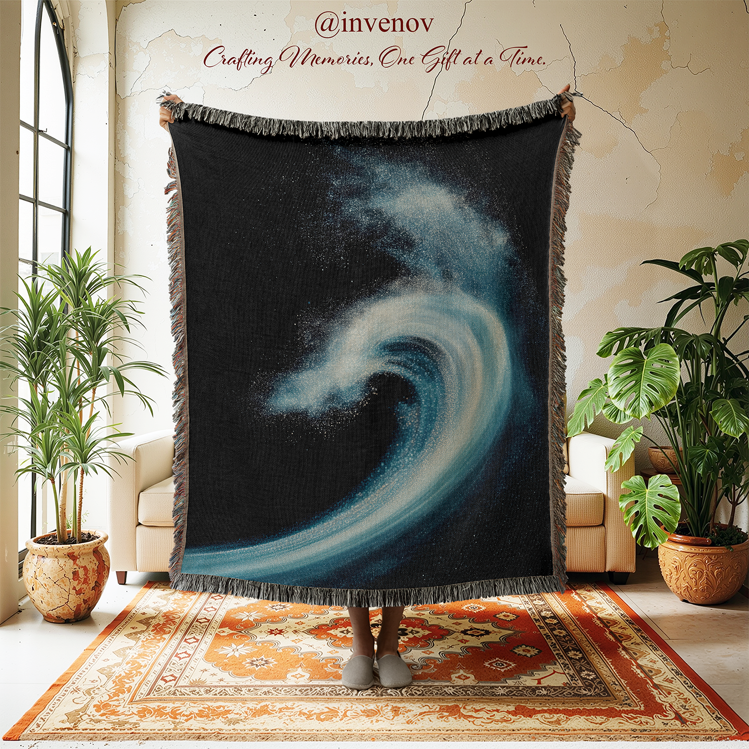 Woven blanket with wave design in a room with plants and furniture.