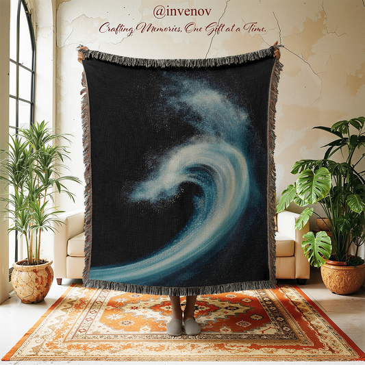 Woven blanket with wave design in a room with plants and furniture.