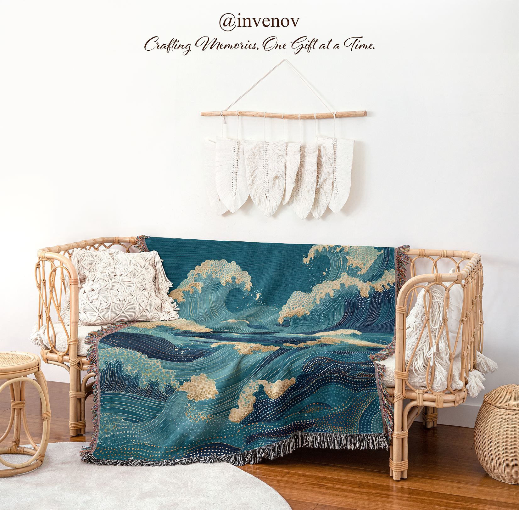 Decorative blanket with wave design draped over a wicker chair