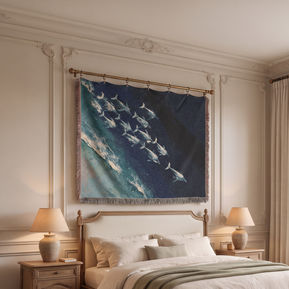 A large woven wall tapestry featuring a school of whales swimming in deep blue ocean water, hanging on a gold rod above a bed in a classic cream-colored bedroom.