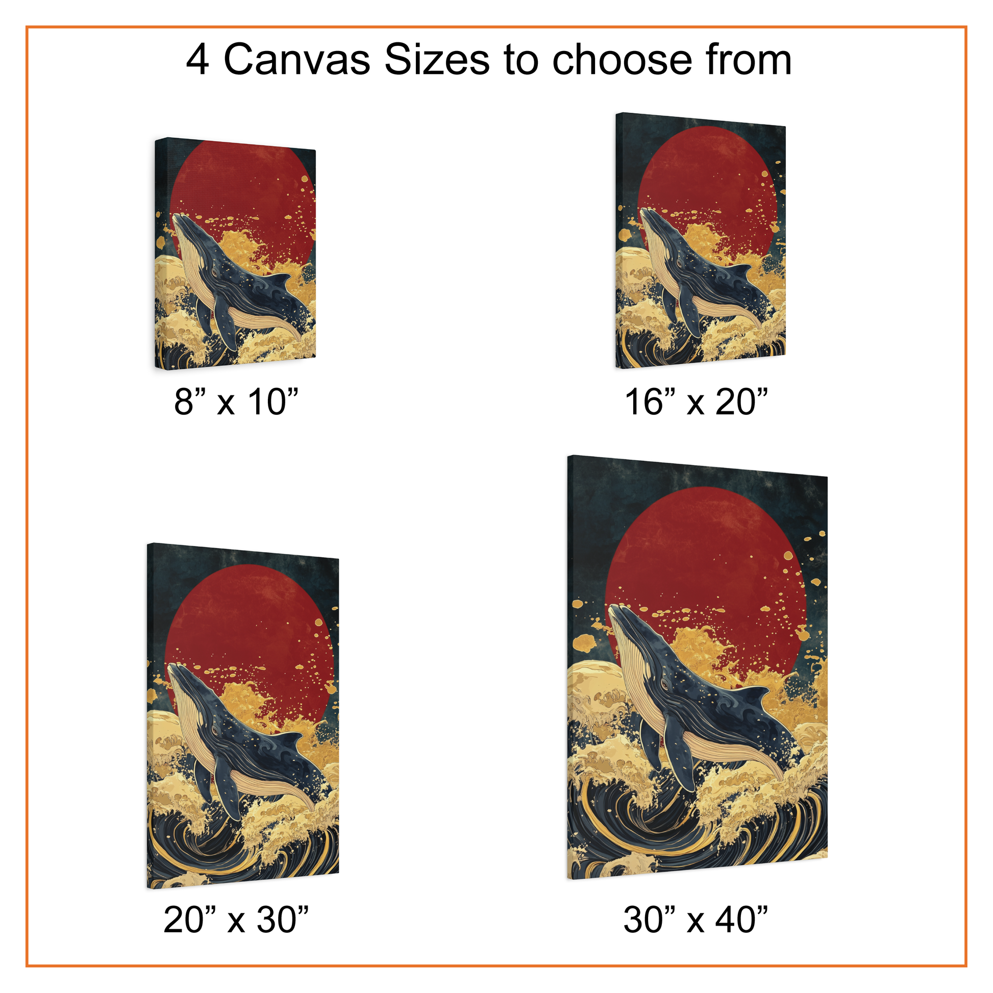Canvas prints of whales and a red sun with available sizes displayed.