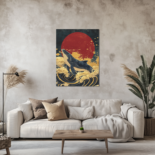 Majestic Whale Breaching Canvas Print, Japanese Art Inspired, Ocean Lover Gift, Japan Lover Gift, Wall Art Decor, Red Sun Painting