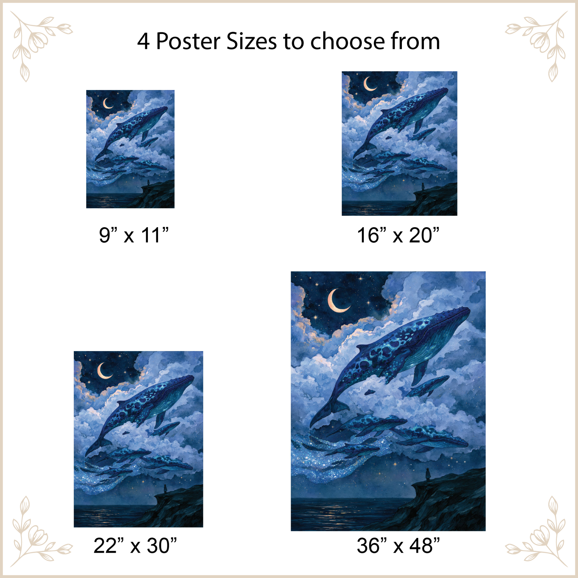 poster art with whale designs with size options