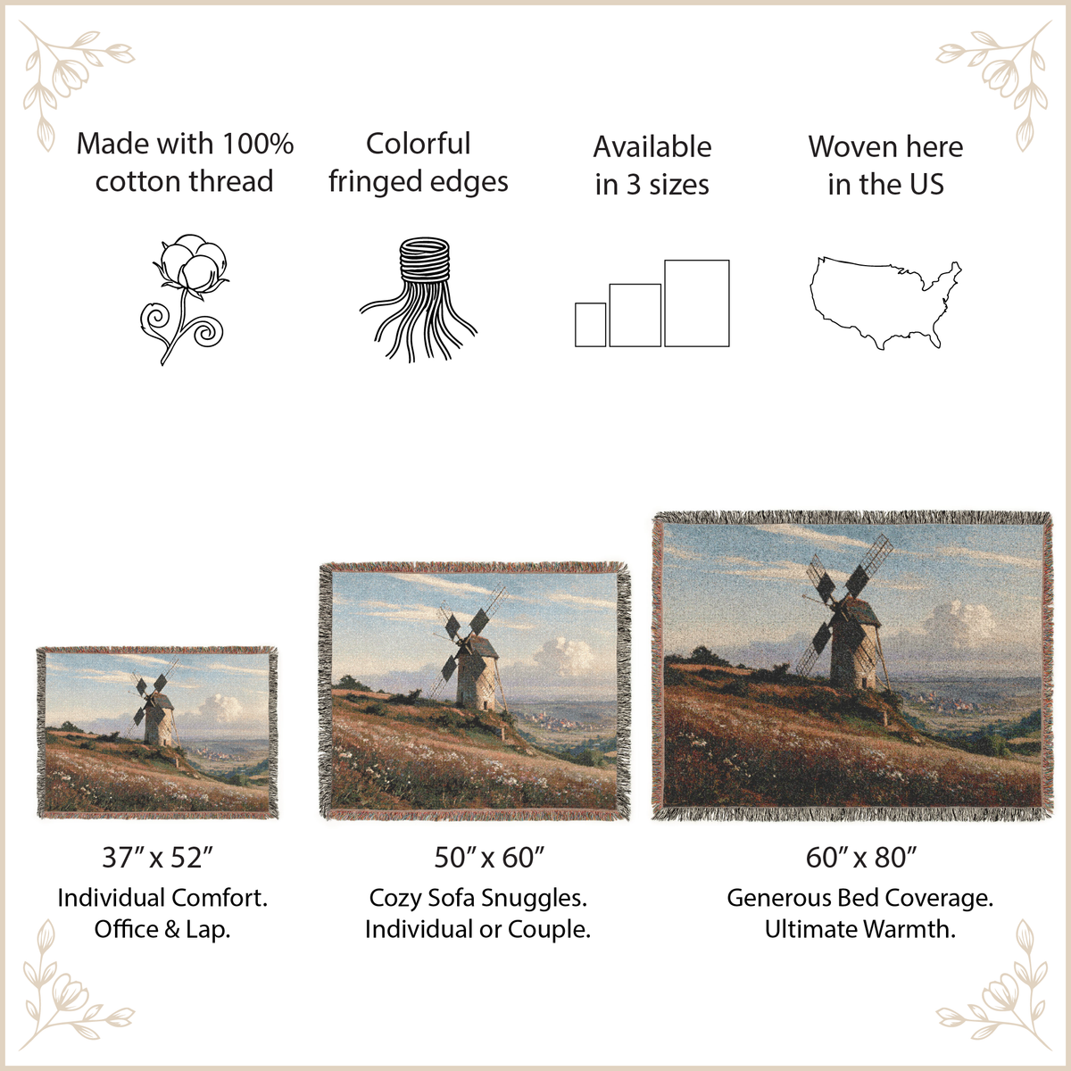 A product information graphic for a woven tapestry featuring a windmill landscape scene. The layout includes feature callouts such as 'Made with 100% cotton thread,' 'Colorful fringed edges,' 'Available in 3 sizes,' and 'Woven here in the US,' along with three size options and text describing comfort and coverage for an individual, cozy sofa, and bed.