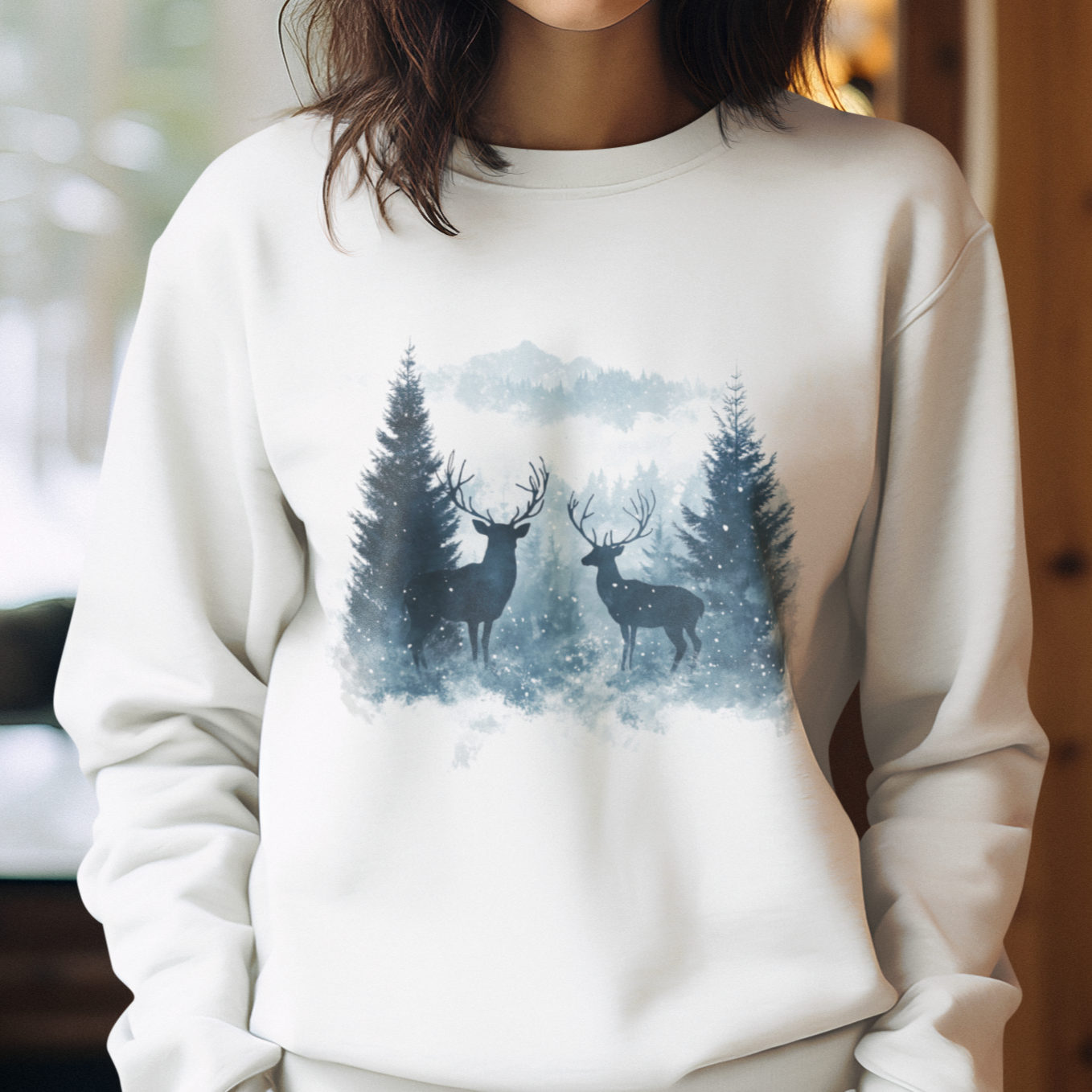 Winter Forest Deer Scene Sweatshirt, Snowy Evergreen Tree Graphic, Ethereal Watercolor Style, Peaceful Winter Atmosphere, Unisex Cozy