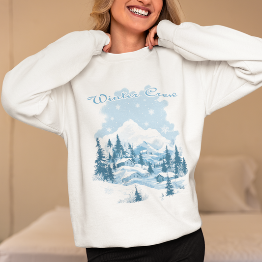 Winter Crew Snowy Village Sweatshirt, Mountain Winter Scene, Cozy Christmas Jumper, Holiday Ski Trip Pullover, Snowy Landscape Top