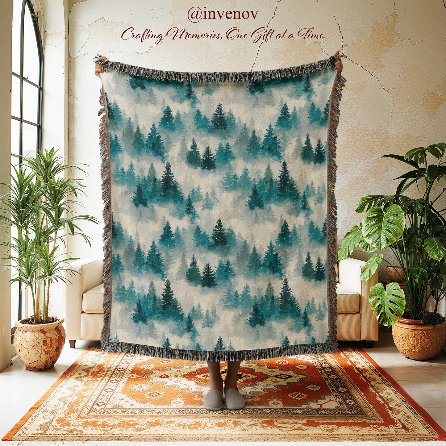 Decorative blanket with forest pattern in a room with plants and furniture.
