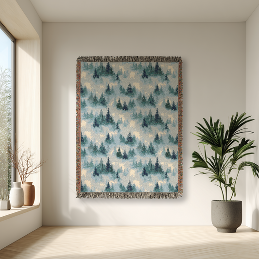 Winter Forest Pattern Woven Blanket Tapestry, Winter Season Cotton Throw,  Christmas Home Decoration, Sofa Bed Cover Decor Gift