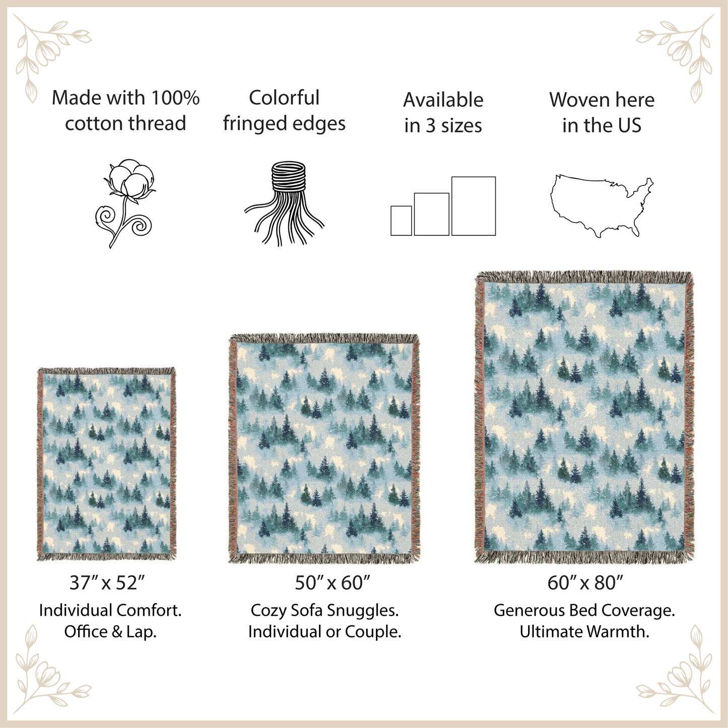Product description of woven blankets with size options and features.