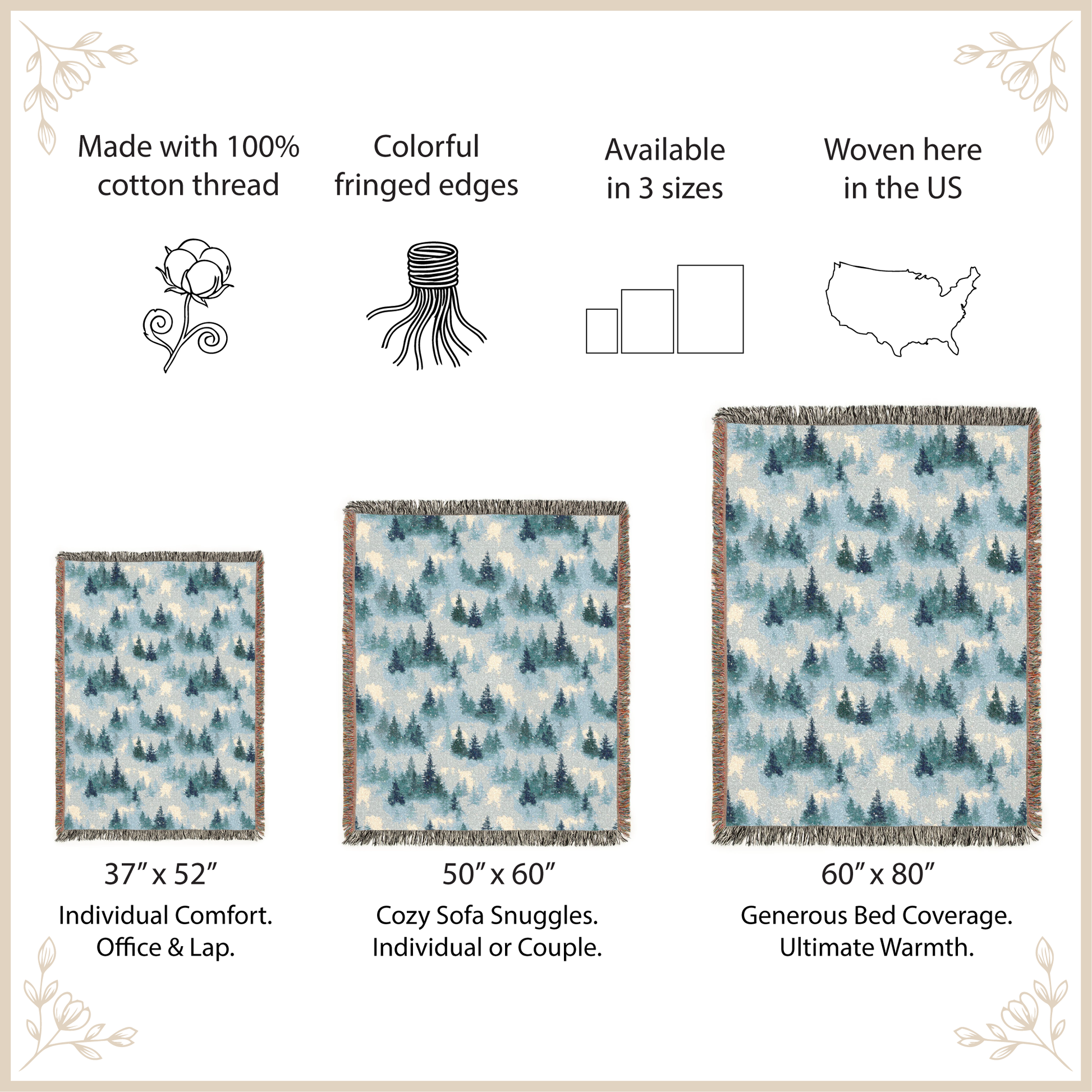 Product description of woven blankets with size options and features.