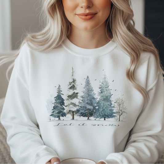 Winter Wonderland Forest Let It Snow Crewneck Sweatshirt, Snowy Pine Trees, Holiday Apparel, Cozy Jumper, Christmas Sweater